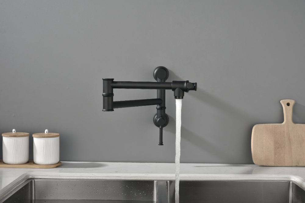 Wall Mounted Pot Filler Faucet – Matte Black, Two-Attachment Folding Swing Arm, Dual Handle, Solid Brass