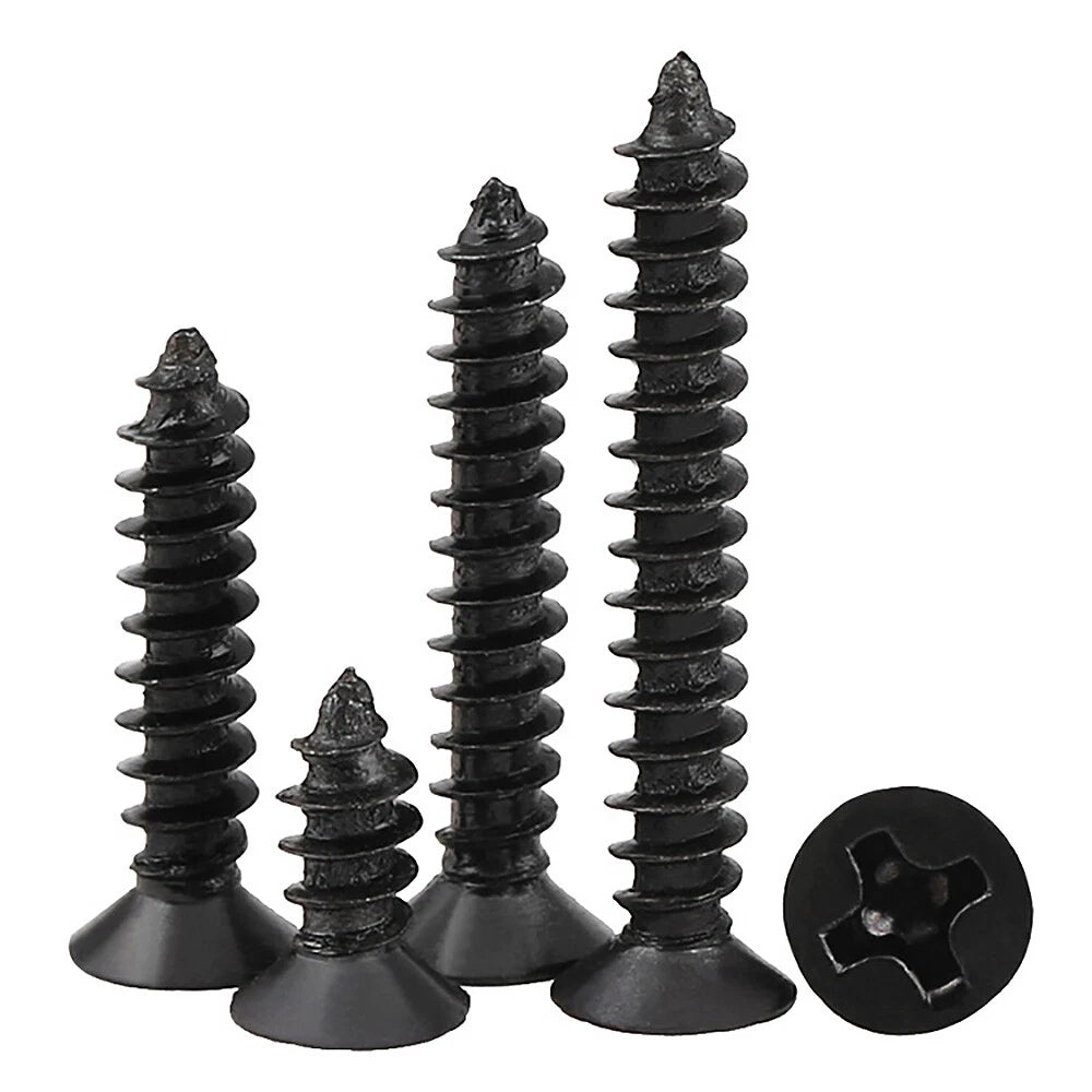 M1 M1.2 M1.4 M1.7 M2 M2.3 M2.6 M3 Flat Countersunk Self‑Tapping Screws – Black Zinc Carbon Steel