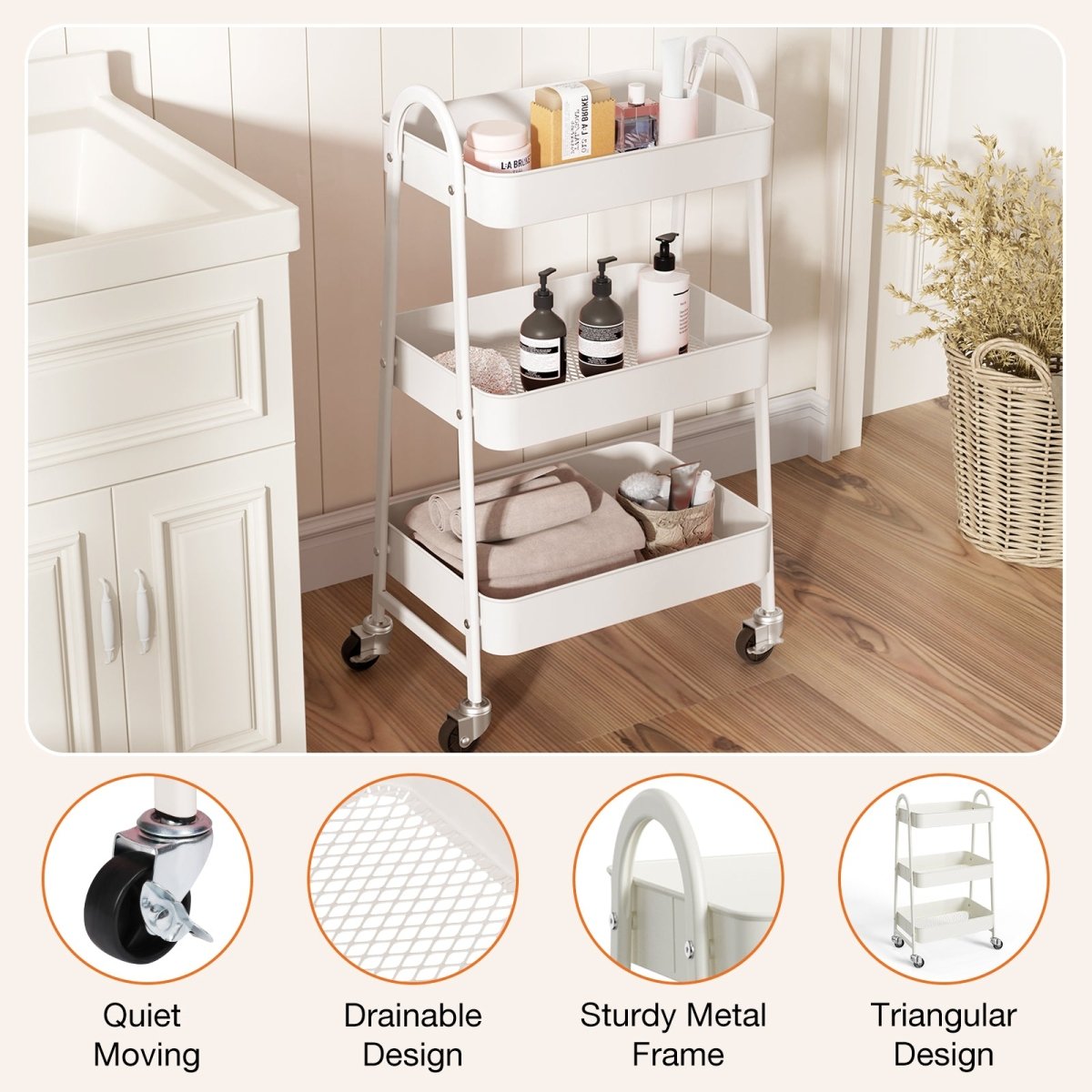 White 3 Tier Small Rolling Cart, Metal Utility Storage Organizer Kitchen Trolley Bathroom Laundry Room Bar Office Shelves - HomeDIYer