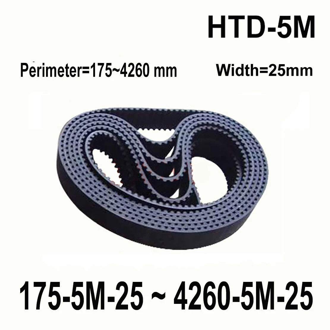 HTD-5M Closed Loop Timing Belt 25mm Wide — Perimeter 175mm to 4260mm
