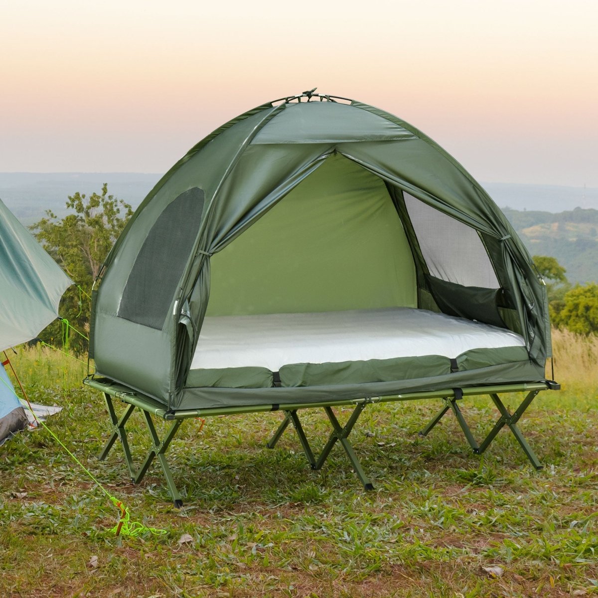2 Person Foldable Camping Cot with Tent, Bedspread and Thick Air Mattress, 4 - In - 1 Elevated Camping Bed Tent for Outdoor Hiking, Picnic, Travel - HomeDIYer