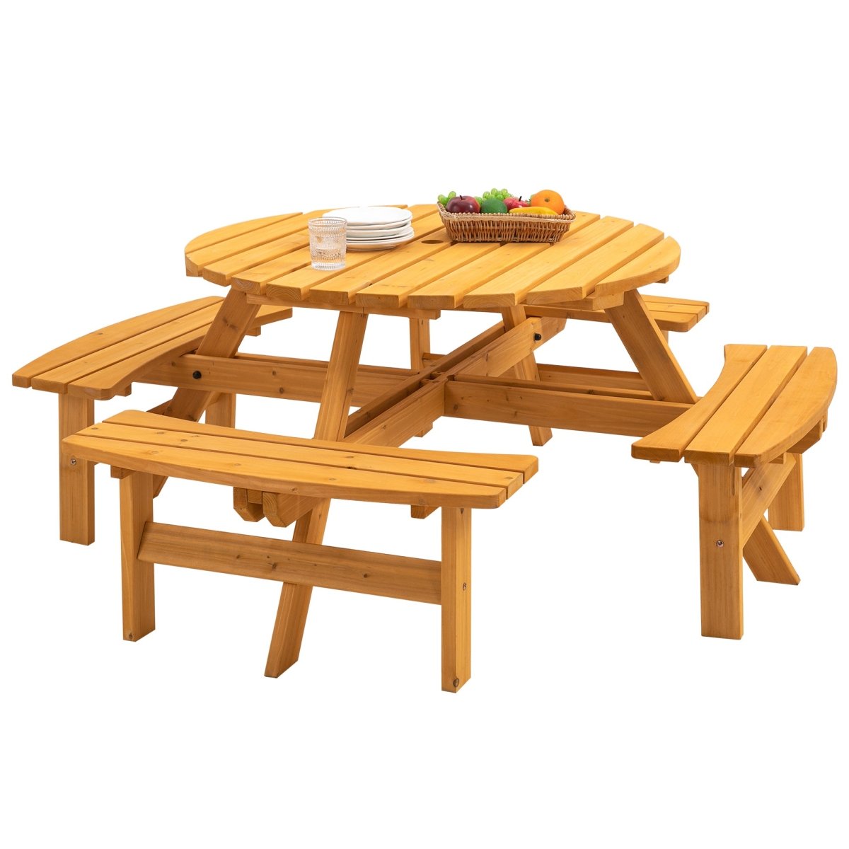 8 Person Wooden Picnic Table, Outdoor Camping Dining Table with Seat, Garden, DIY w/ 4 Built - in Benches, 2220lb Capacity - Natural - HomeDIYer
