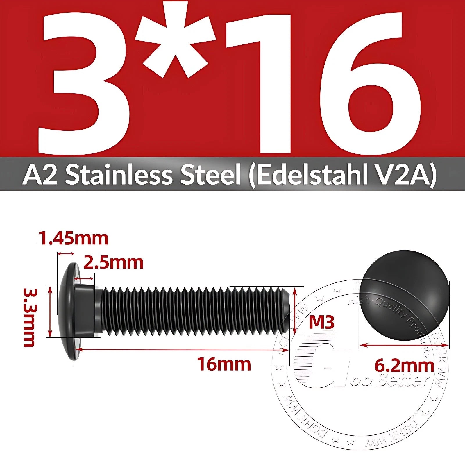 Black Stainless Steel Carriage Bolts M3–M12 | A2 Cup Square Dome Screws