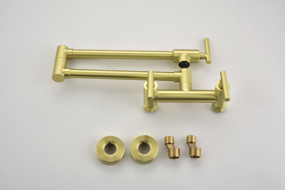 3-Handle Wall Mounted Pot Filler Faucet โ Brushed Gold, Swing Arm, Hot & Cold Water, Solid Brass