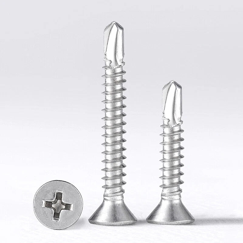 #6 #7 #8 #10 #12 #14 Flat Head Self Drilling Screws – 304/410 Stainless & Zinc Plated Steel