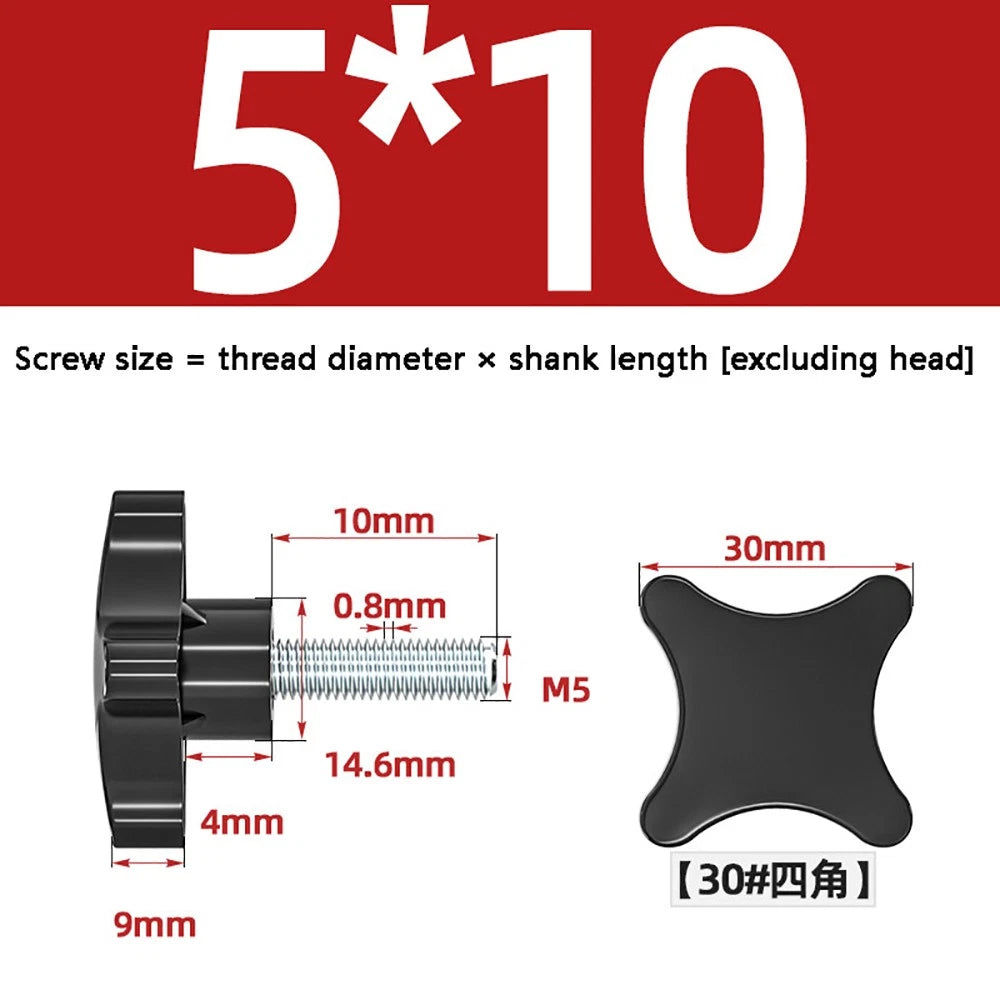 M5-M10 Thumb Screws Black Plastic Four Star Head Hand Grip Knob Bolts Galvanized
