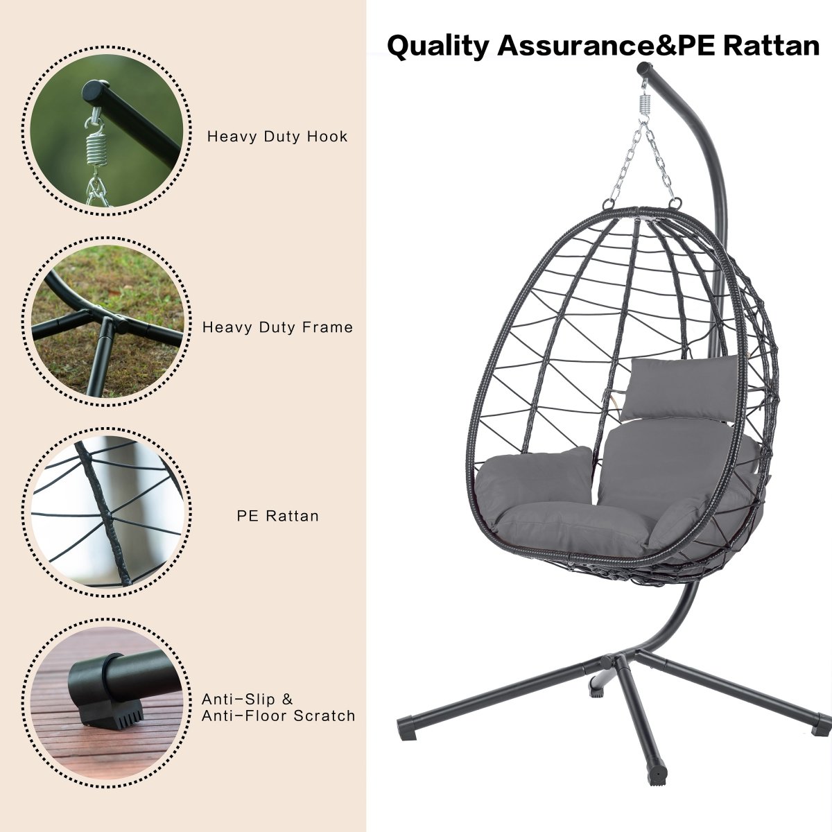 Egg Chair with Stand Indoor Outdoor Swing Chair Patio Wicker Hanging Egg Chair Hanging Basket Chair Hammock Chair with Stand for Bedroom Living Room Balcony Dark Gray - HomeDIYer