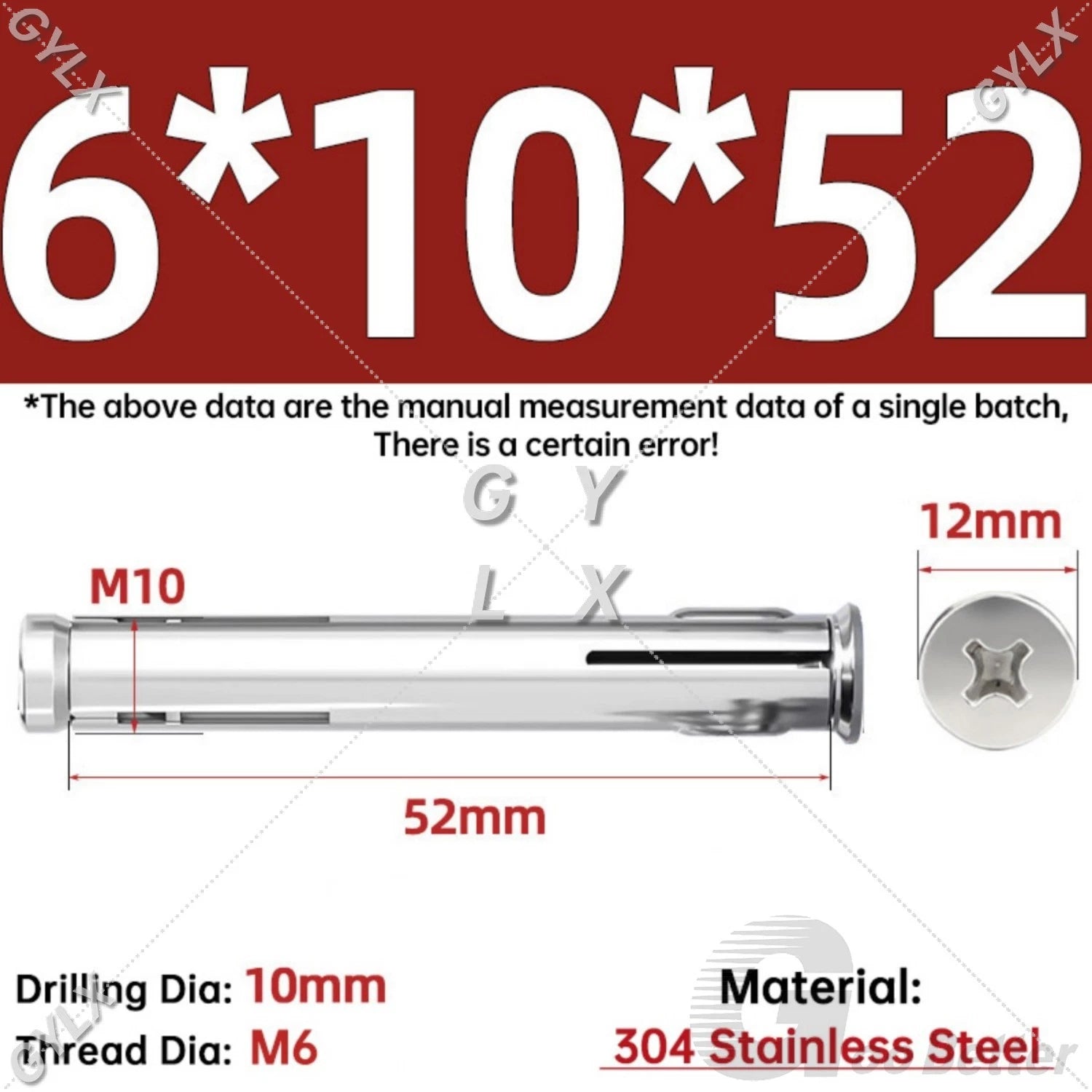 M6 Countersunk Sleeve Anchor Expansion Bolts — 304 / 201 Stainless Steel, Cross Drive