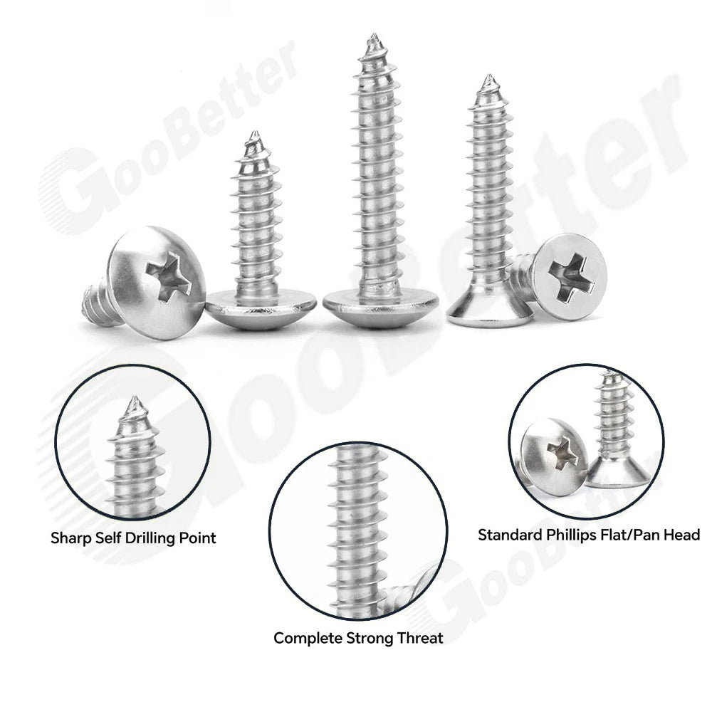 570pc #6 #8 #10 #12 Flat & Pan Head Self‑Tapping Screws – 304 Stainless Steel Kit