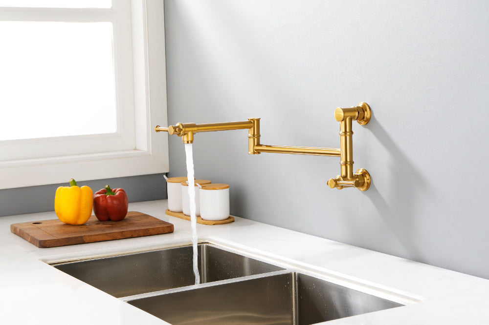 Wall Mounted Pot Filler Faucet โ Brushed Gold, Two-Attachment Folding Swing Arm, Dual Handle, Solid Brass