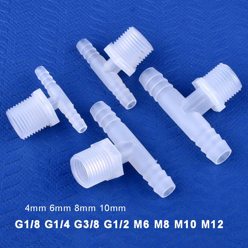 Plastic T Joiner Barbed X Male Thread Hose Connector Pipe Fittings Air Water
