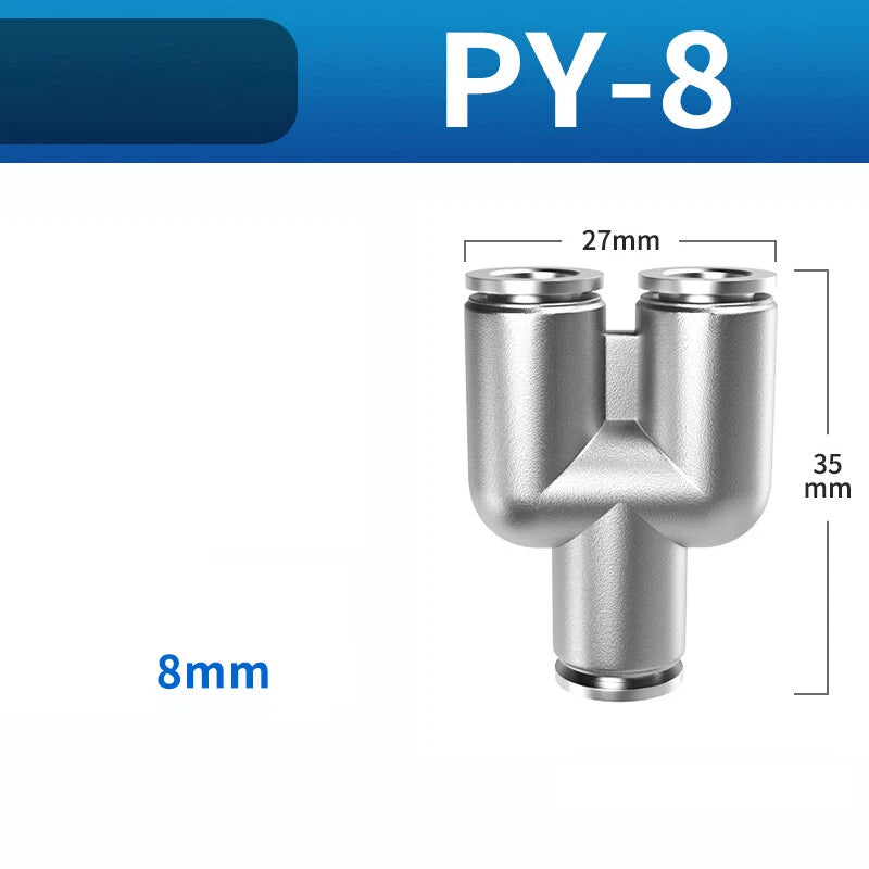 304 Stainless Steel Y-Type Push-to-Connect Pneumatic Fittings — Equal Connector 4mm–12mm