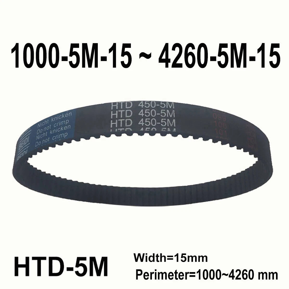 HTD 5M Timing Belt 15mm Wide — Closed Loop Synchronous Belt, 1000–4260mm Perimeter