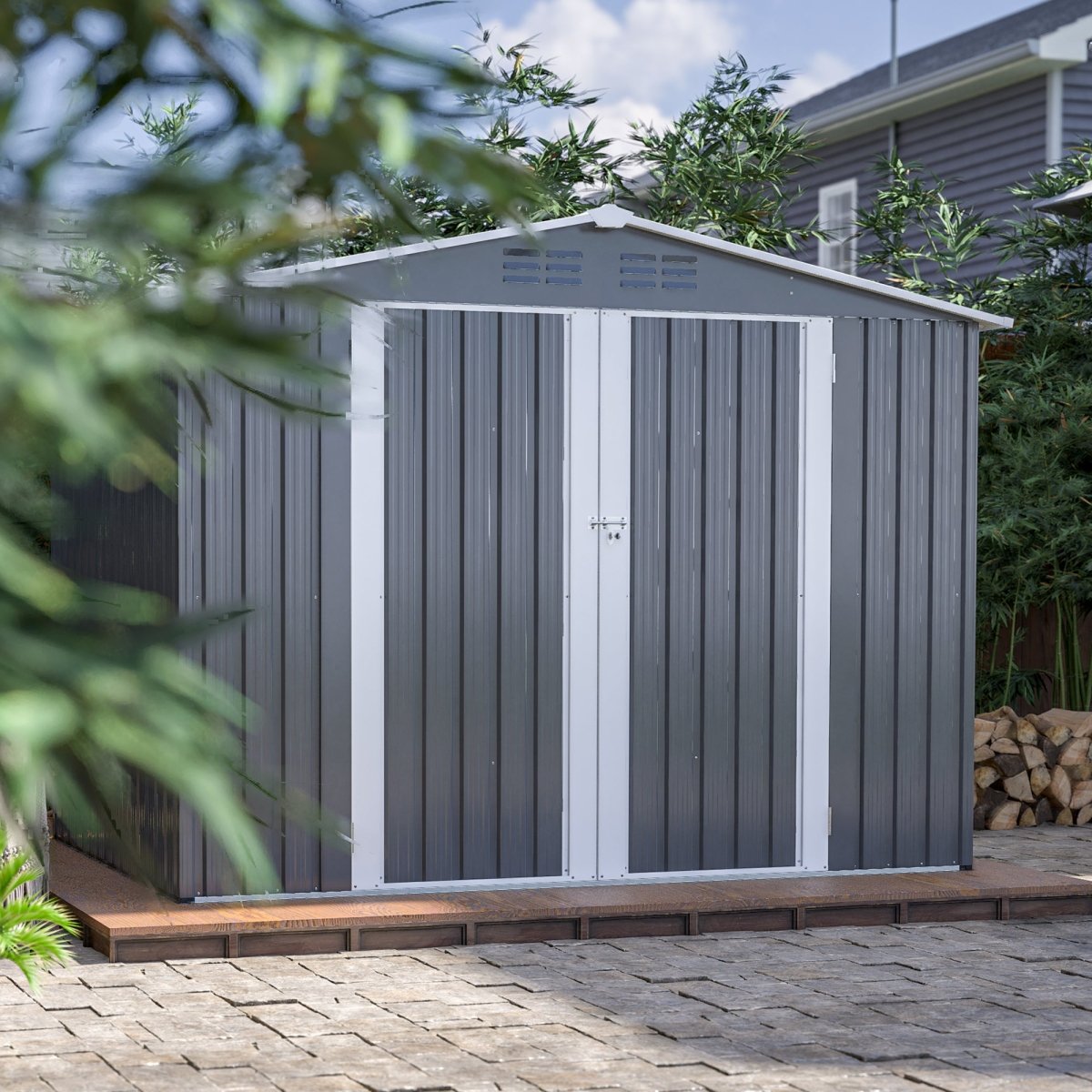 8 x 6 FT Outdoor Waterproof Garden Tool Storage Sheds with Metal Foundation with Floor Frame, Tool Shed with Lockable Hinged Doors & Air Vents, Storage House Waterproof for Backyard, Lawn, Gray - HomeDIYer