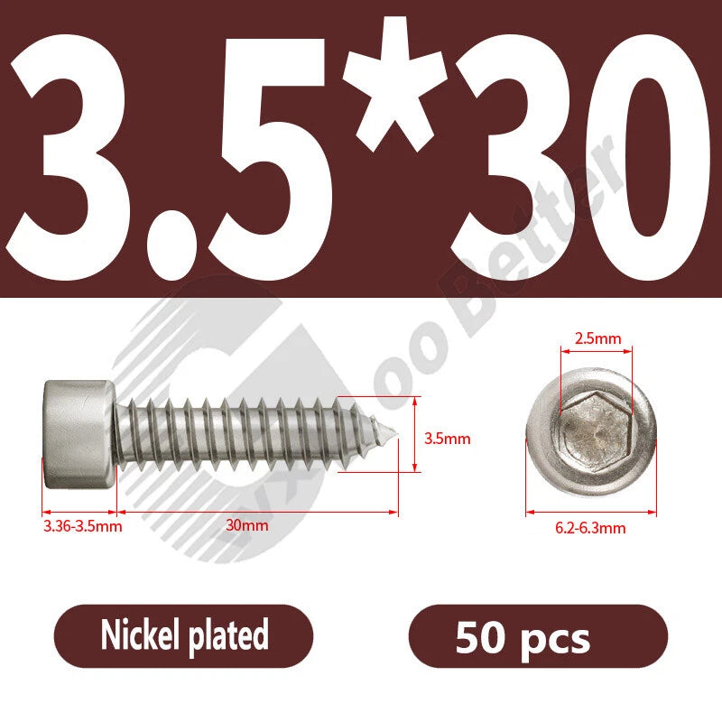 M1.7 M2 M2.3 M2.6 M3 M3.5 M4 M5 M6 Socket Head Self‑Tapping Screws – Alloy Steel, Nickel or Black Zinc
