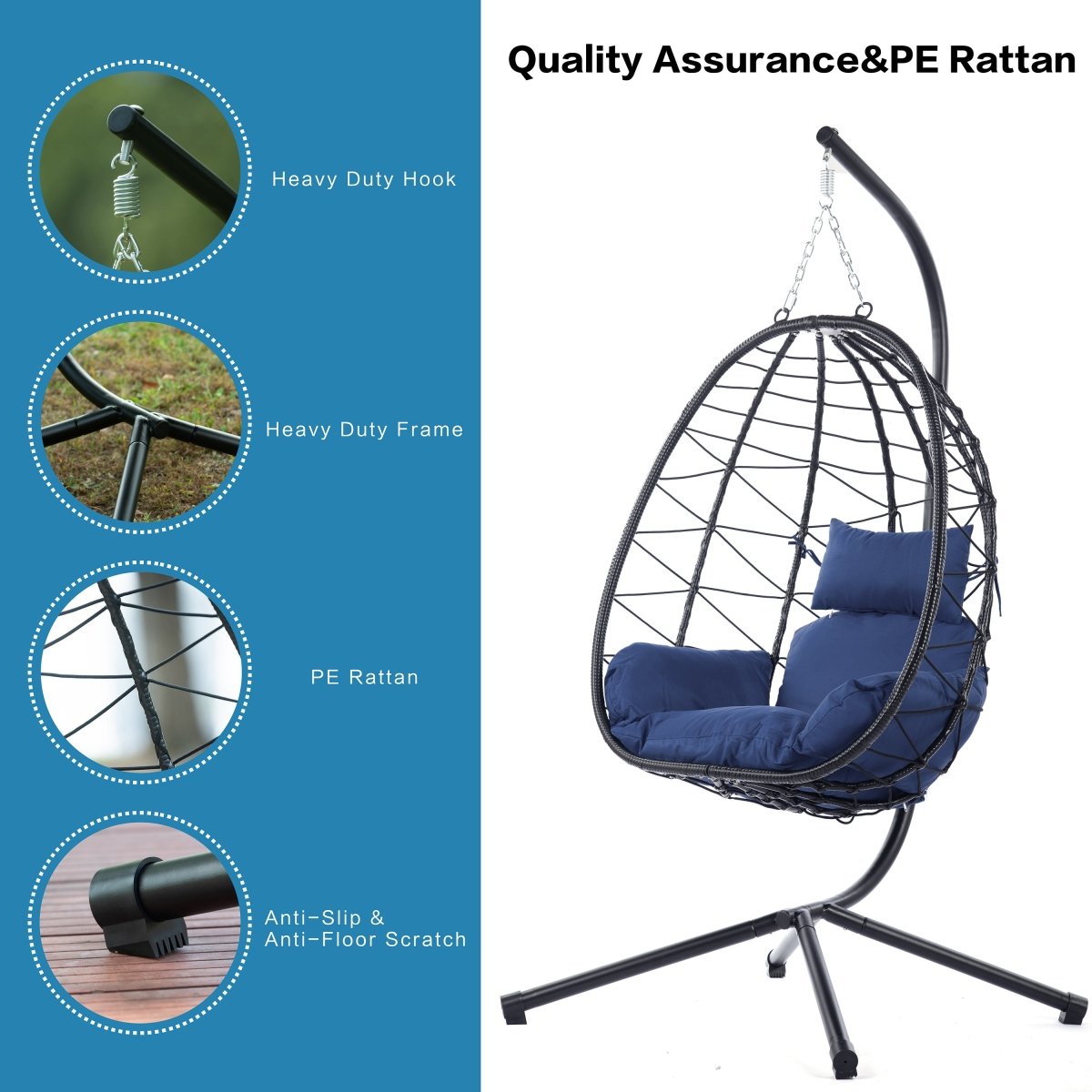 Egg Chair with Stand Indoor Outdoor Swing Chair Patio Wicker Hanging Egg Chair Hanging Basket Chair Hammock Chair with Stand for Bedroom Living Room Balcony Navy Blue - HomeDIYer