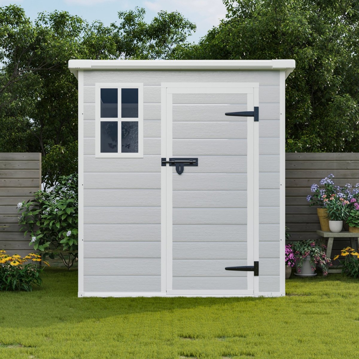 6x6 FT Storage Shed, Waterproof Resin Outdoor Storage Shed with Floor & Window & Lockable Doors and Vents, Tool Shed for Bike, Garden, Backyard,Lawn, All Weather Use, Light Grey - HomeDIYer