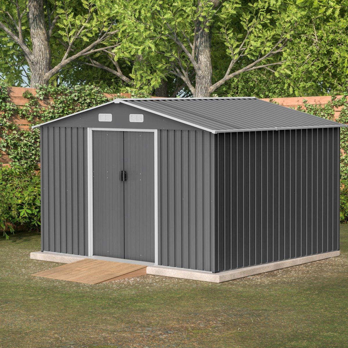 10X8 FT Outdoor Tool Storage Shed with Metal Foundation & Lockable Doors, All Weather Metal Sheds for Garden, Patio, Backyard, Lawn, Gray - HomeDIYer