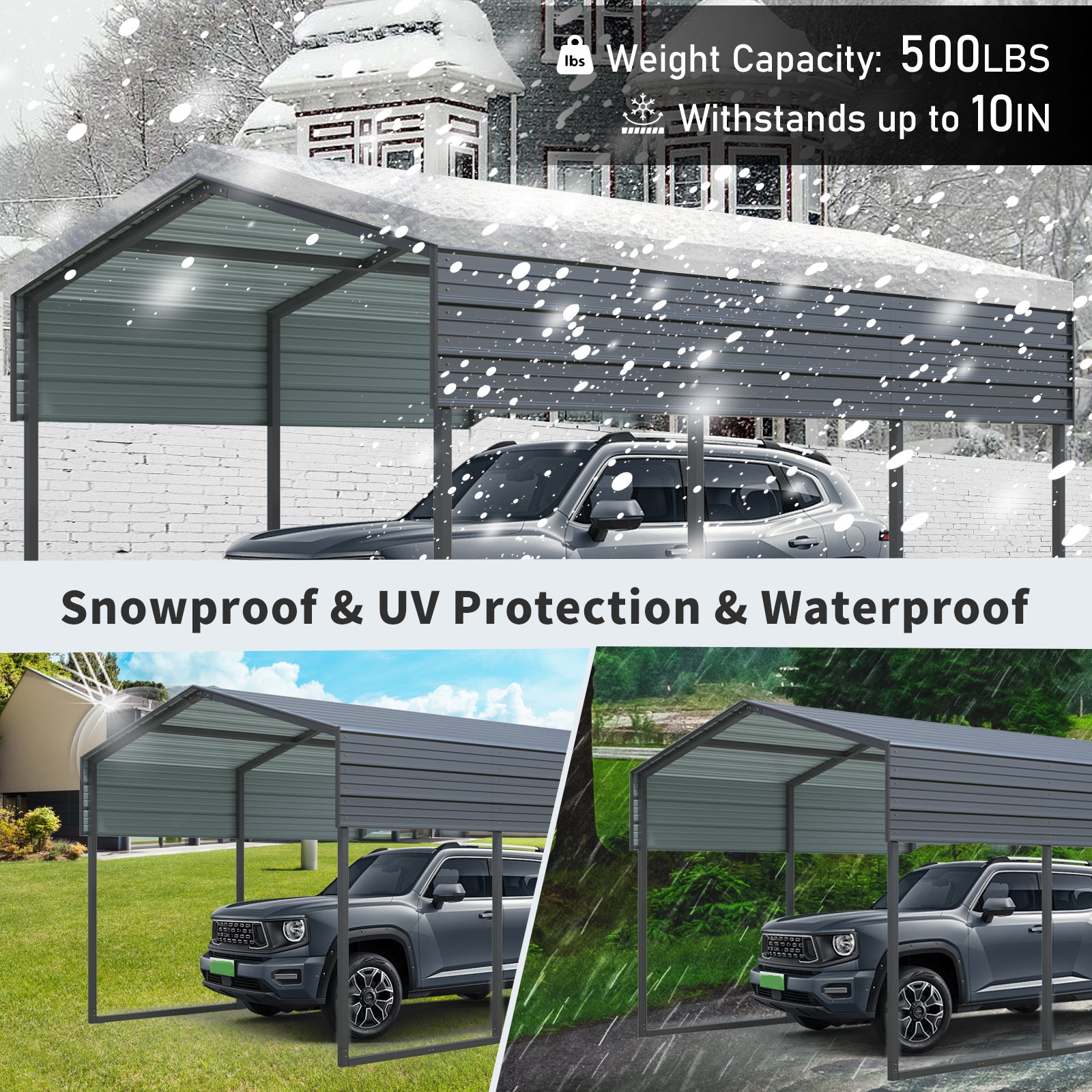 Outdoor Carport, 10 X 15 FT Carport, Heavy Duty Carport Canopy with Galvanized Steel Roof and Frame, Metal Carport Large Garage for Driveway Car, Truck ,302 ibs