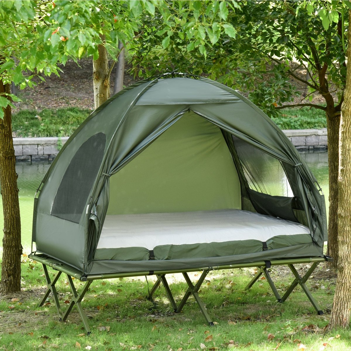 2 Person Foldable Camping Cot with Tent, Bedspread and Thick Air Mattress, 4 - In - 1 Elevated Camping Bed Tent for Outdoor Hiking, Picnic, Travel - HomeDIYer