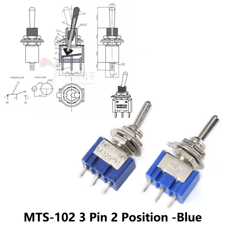 MTS Series Toggle Switch 3–12 Pin | On-On / On-Off-On | Blue & Red