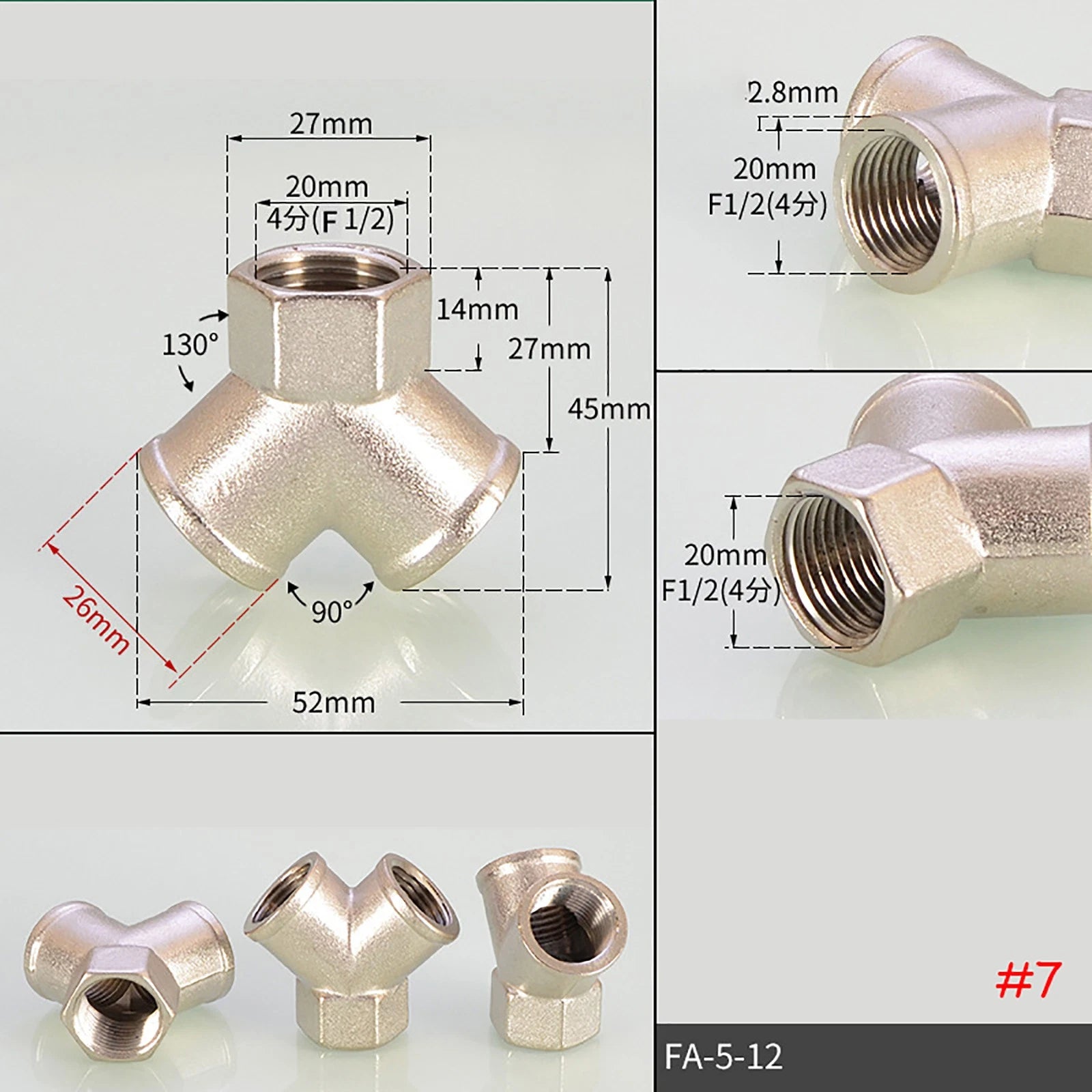 Brass BSP Tee Fittings — Y-Tee & Straight Tee Water Diverter Valves, 1/4" to 1/2"