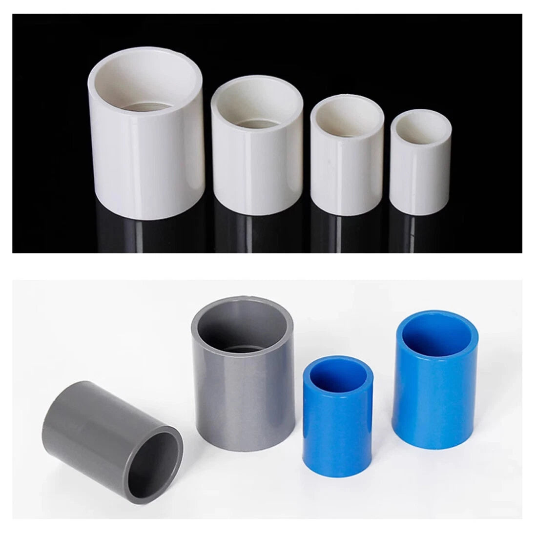 PVC Straight Pipe Coupling Socket — ID 16mm–200mm, White / Blue / Grey