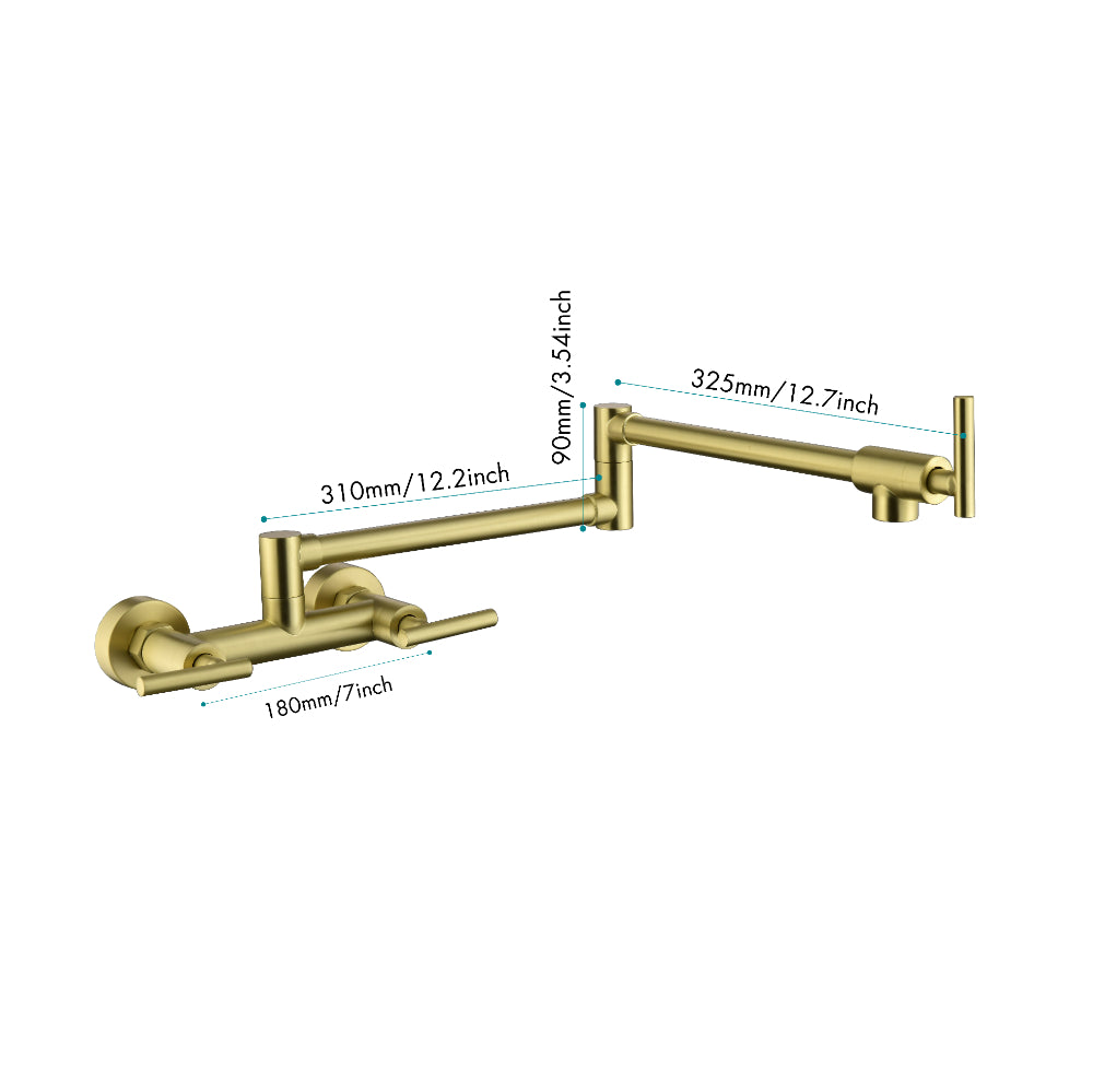 3-Handle Wall Mounted Pot Filler Faucet – Brushed Gold, Swing Arm, Hot & Cold Water, Solid Brass