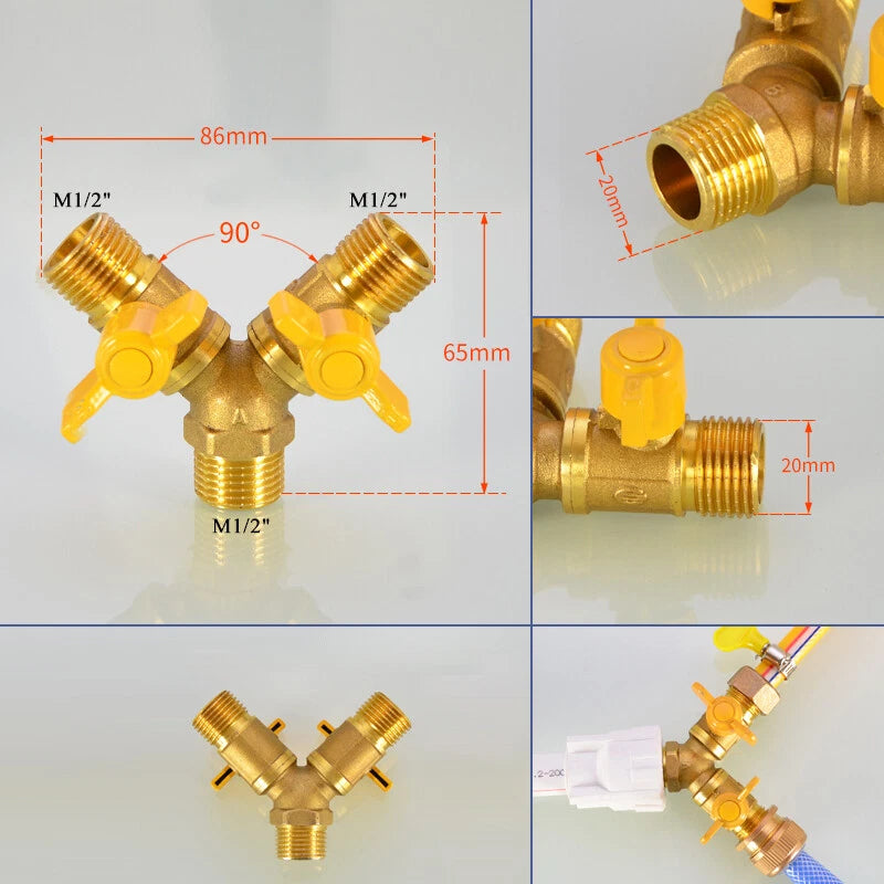1/2" Brass 3-Way Ball Valve — Shut-Off Pipe Fitting with M1/2" & Hose Barb Ends
