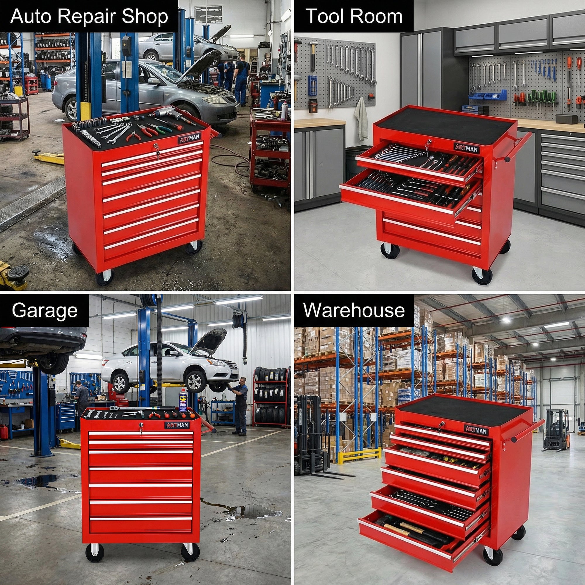 7-Drawer Multifunctional Tool Cart with Wheels – Red (ARTMAN)