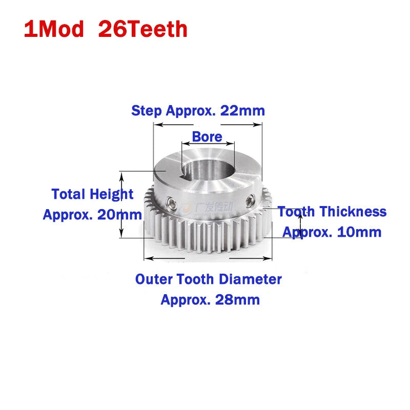 1 Module Stainless Steel Spur Gears 20-50 Teeth Pinion Motor Gear Keyway Hole