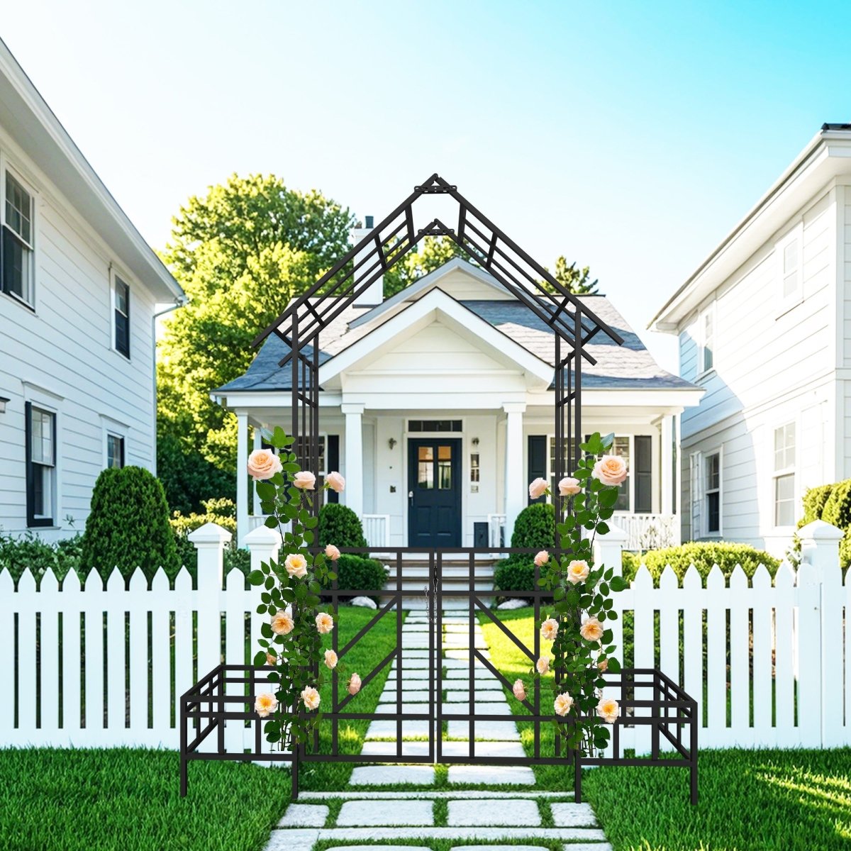 Metal Garden Arch with Gate with planter W80.71*H97.24 Climbing Plants Support Rose Arch Outdoor Black - HomeDIYer