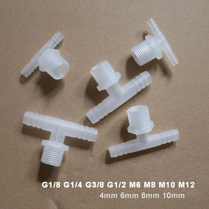 Plastic T Joiner Barbed X Male Thread Hose Connector Pipe Fittings Air Water