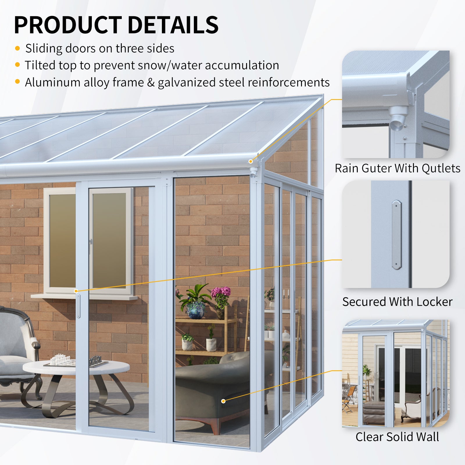 10×14 ft Enclosed Patio Cover with 3 Lockable Sliding Doors, All Season Sunroom with aluminum alloy frame ,Polycarbonate Roof and transparent solid PC endurance panel wall system for Garden Patio Deck
