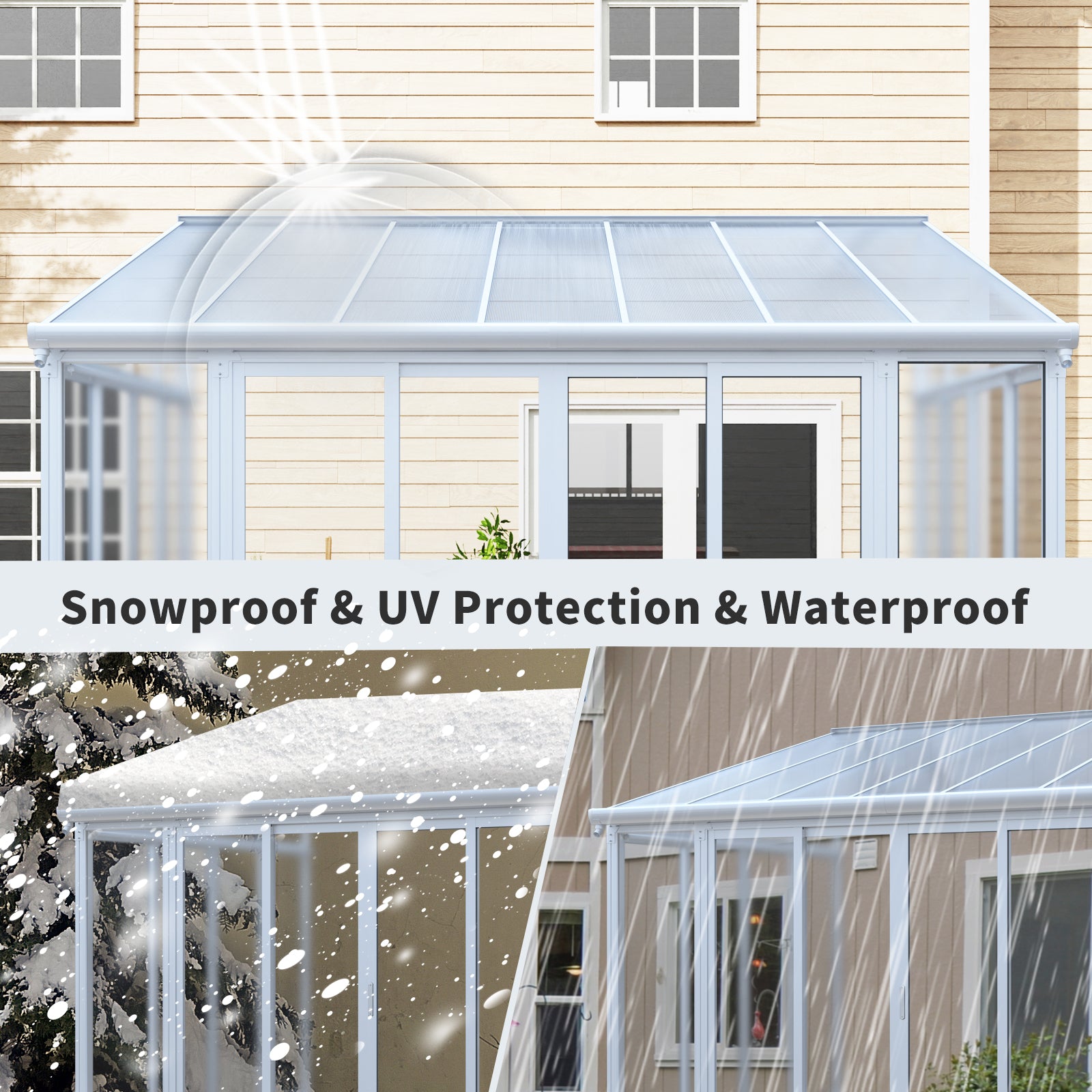 10×14 ft Enclosed Patio Cover with 3 Lockable Sliding Doors, All Season Sunroom with aluminum alloy frame ,Polycarbonate Roof and transparent solid PC endurance panel wall system for Garden Patio Deck
