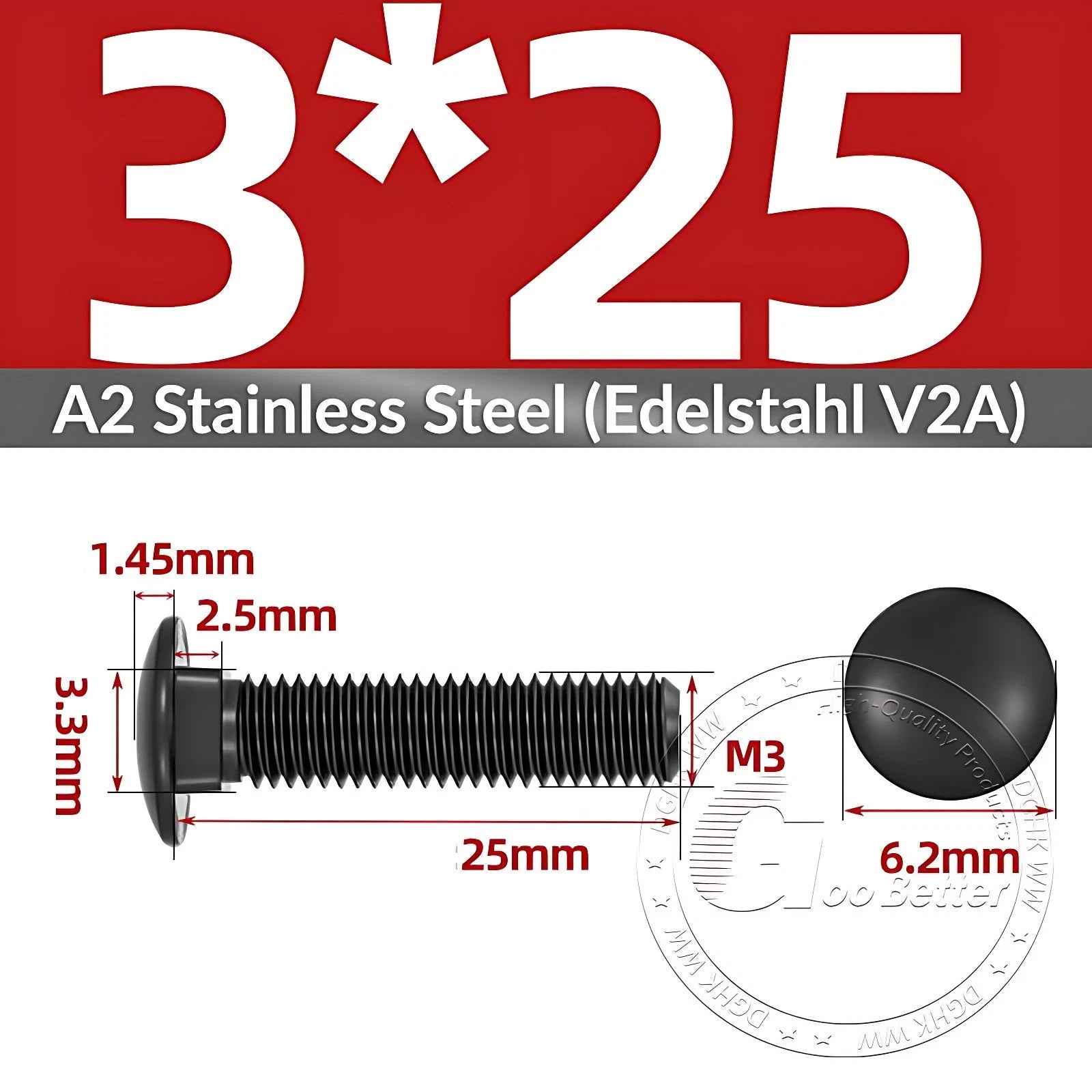 Black Stainless Steel Carriage Bolts M3–M12 | A2 Cup Square Dome Screws