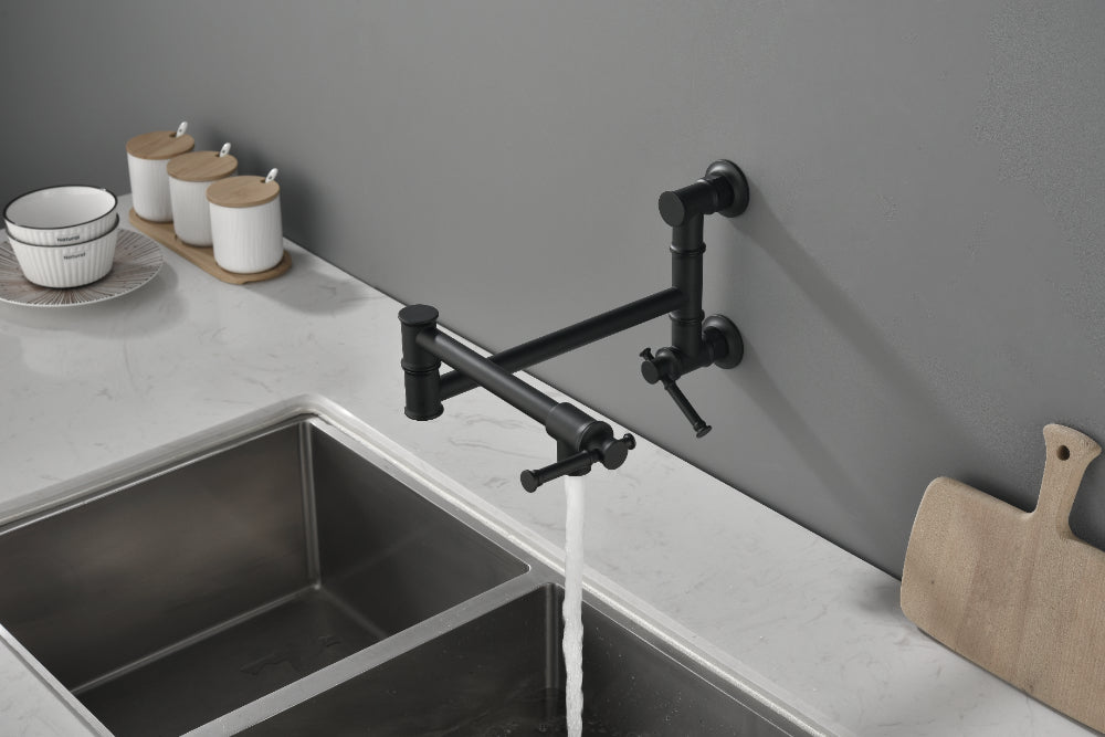 Wall Mounted Pot Filler Faucet – Matte Black, Two-Attachment Folding Swing Arm, Dual Handle, Solid Brass