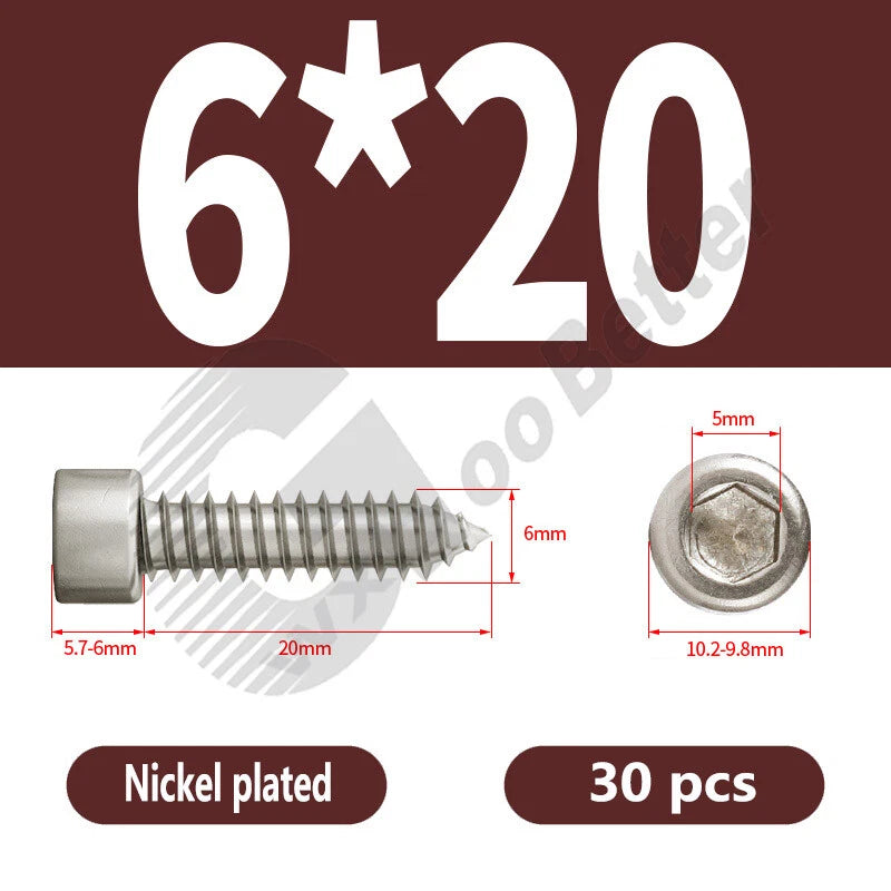 M1.7 M2 M2.3 M2.6 M3 M3.5 M4 M5 M6 Socket Head Self‑Tapping Screws – Alloy Steel, Nickel or Black Zinc