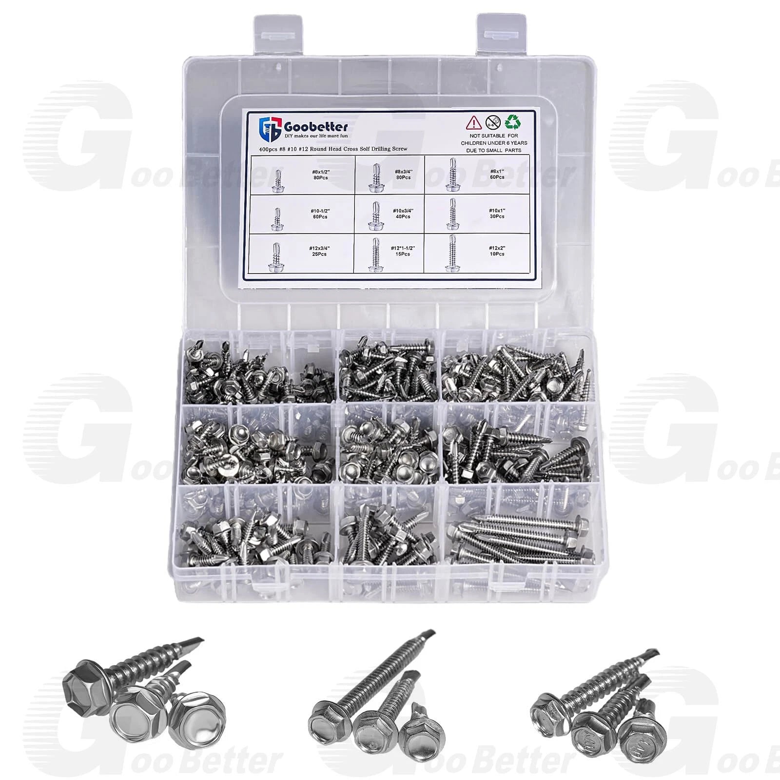 400pc #8 #10 #12 Hex Washer Self-Drilling Tek Screws – 410 Stainless Steel Kit