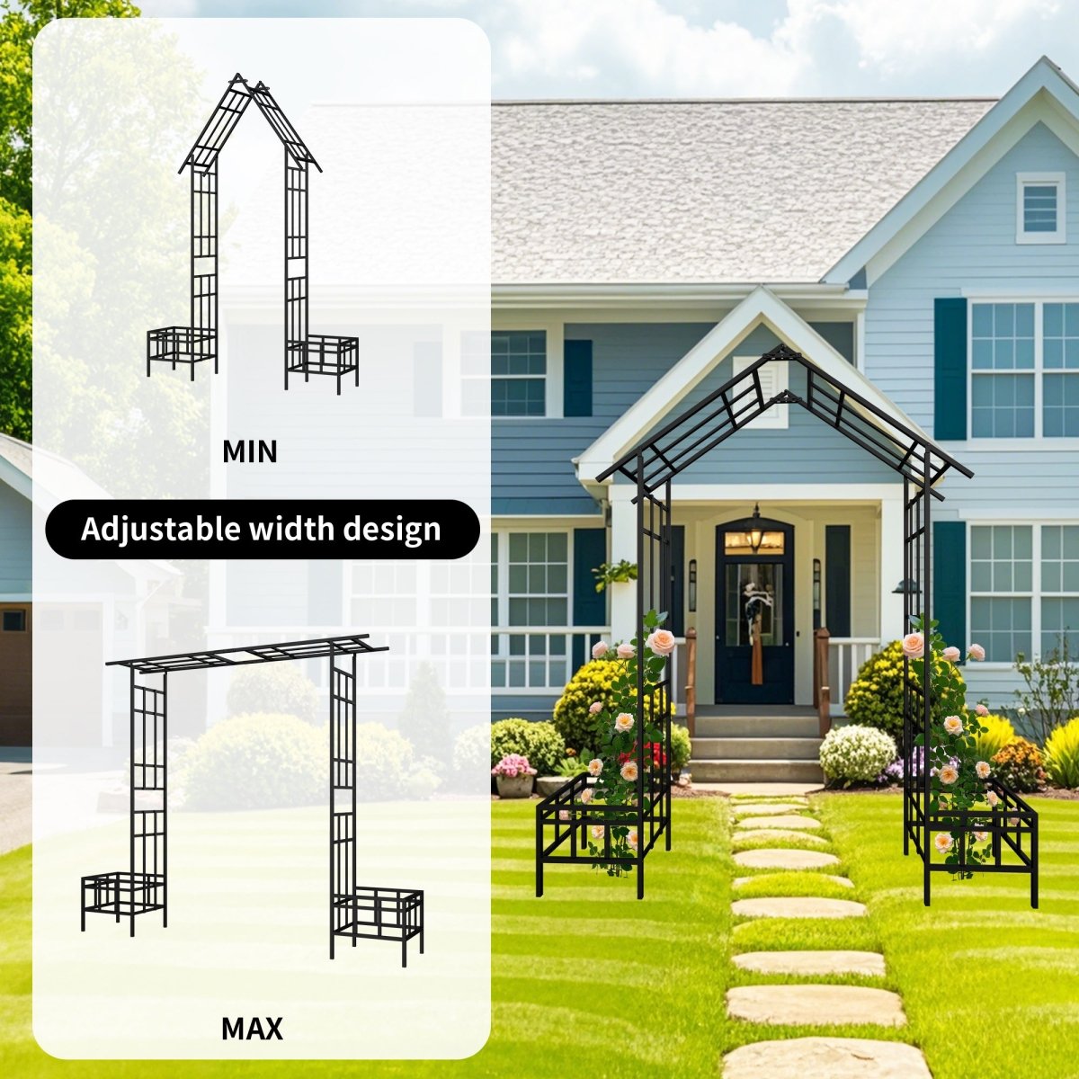 Metal Garden Arch with Adjustable Width W68.11''~W94.29'' Climbing Plants Support Rose Arch Outdoor Black - HomeDIYer