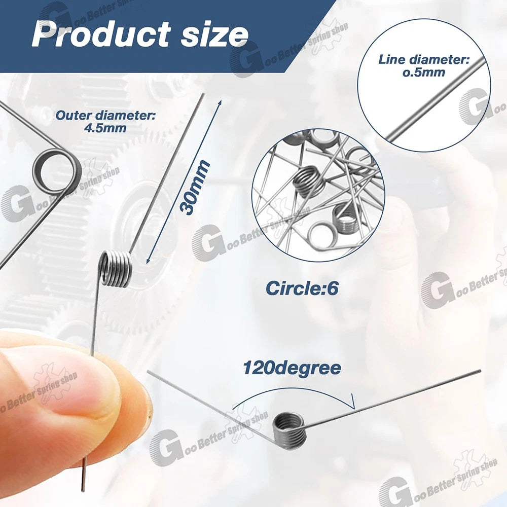 Torsion Spring (pack of 10), 0.3mm wire diameter, 2mm - 5mm OD, Right spring