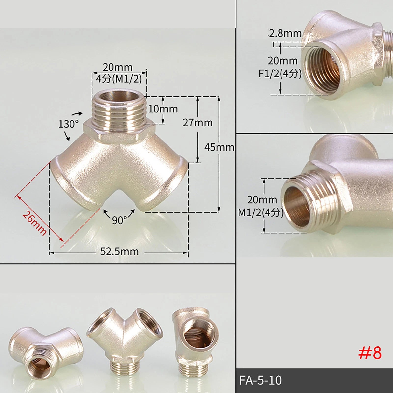 Brass BSP Tee Fittings — Y-Tee & Straight Tee Water Diverter Valves, 1/4" to 1/2"