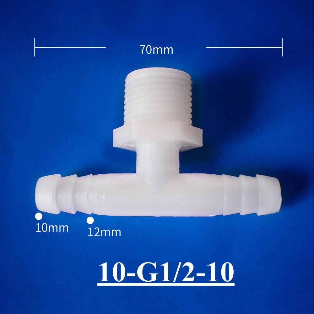Plastic Barbed T-Piece Hose Connector with Male Thread — 4mm to 20mm Tube