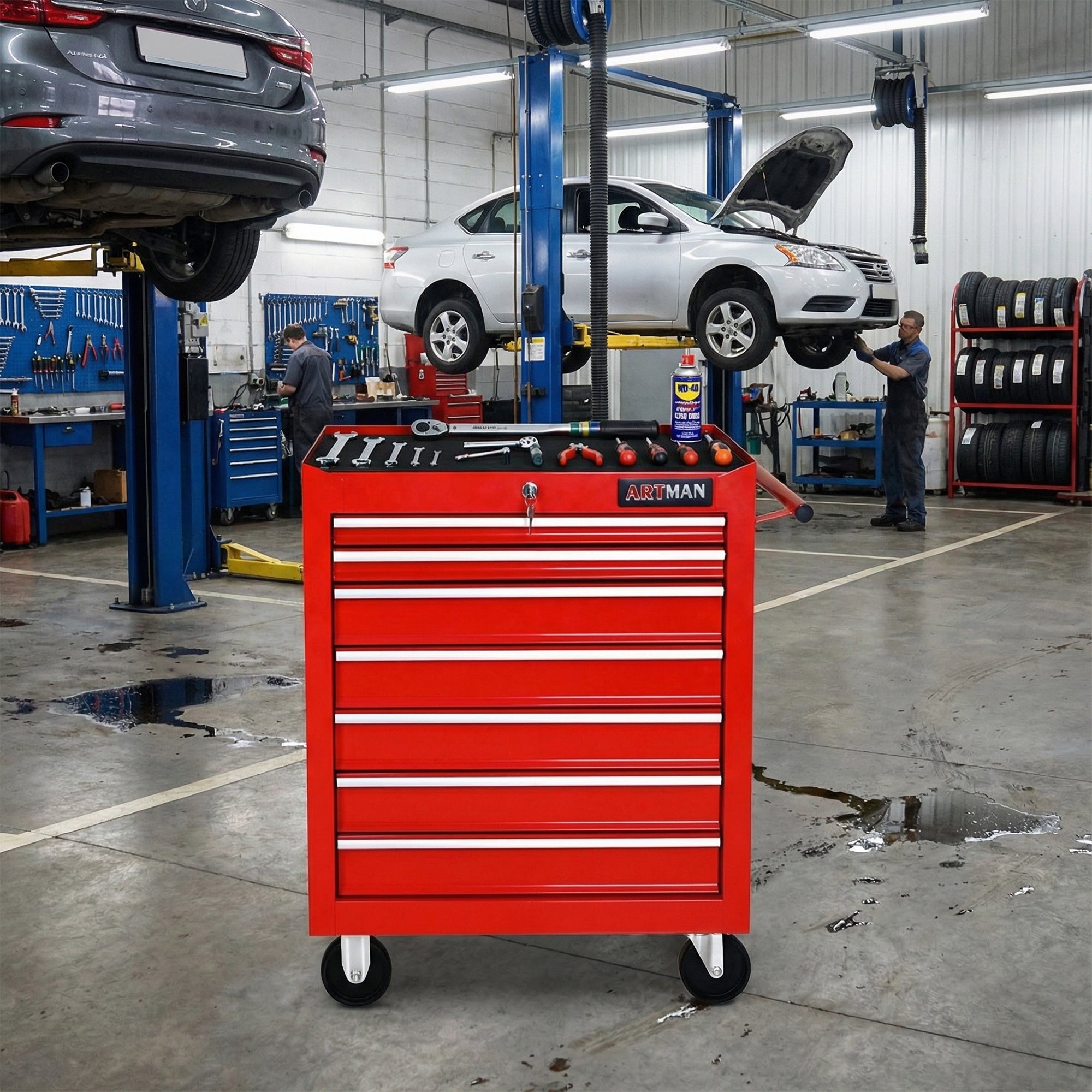 7-Drawer Multifunctional Tool Cart with Wheels – Red (ARTMAN)