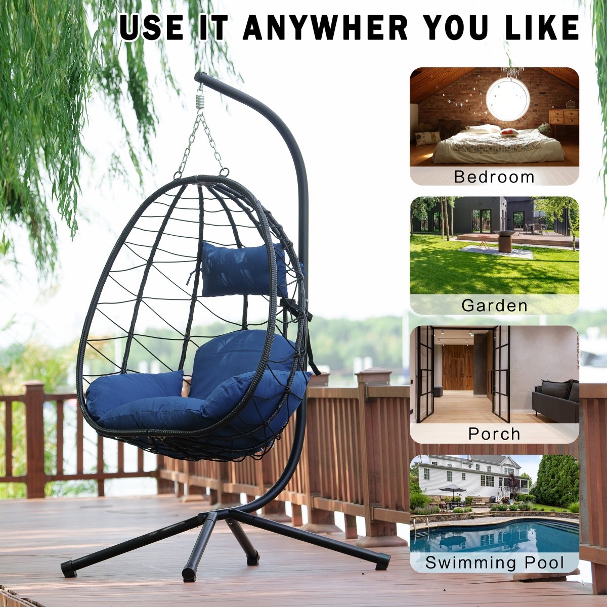 Egg Chair with Stand Indoor Outdoor Swing Chair Patio Wicker Hanging Egg Chair Hanging Basket Chair Hammock Chair with Stand for Bedroom Living Room Balcony Navy Blue - HomeDIYer