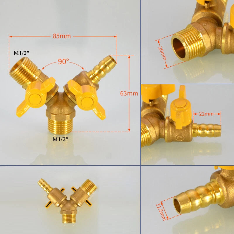 1/2" Brass 3-Way Ball Valve — Shut-Off Pipe Fitting with M1/2" & Hose Barb Ends