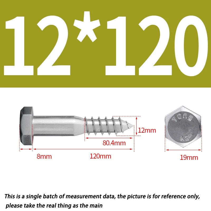 M12 A2 Stainless Steel Hex Head Lag Bolts – DIN571 Wood Screw, Multiple Lengths & Quantities