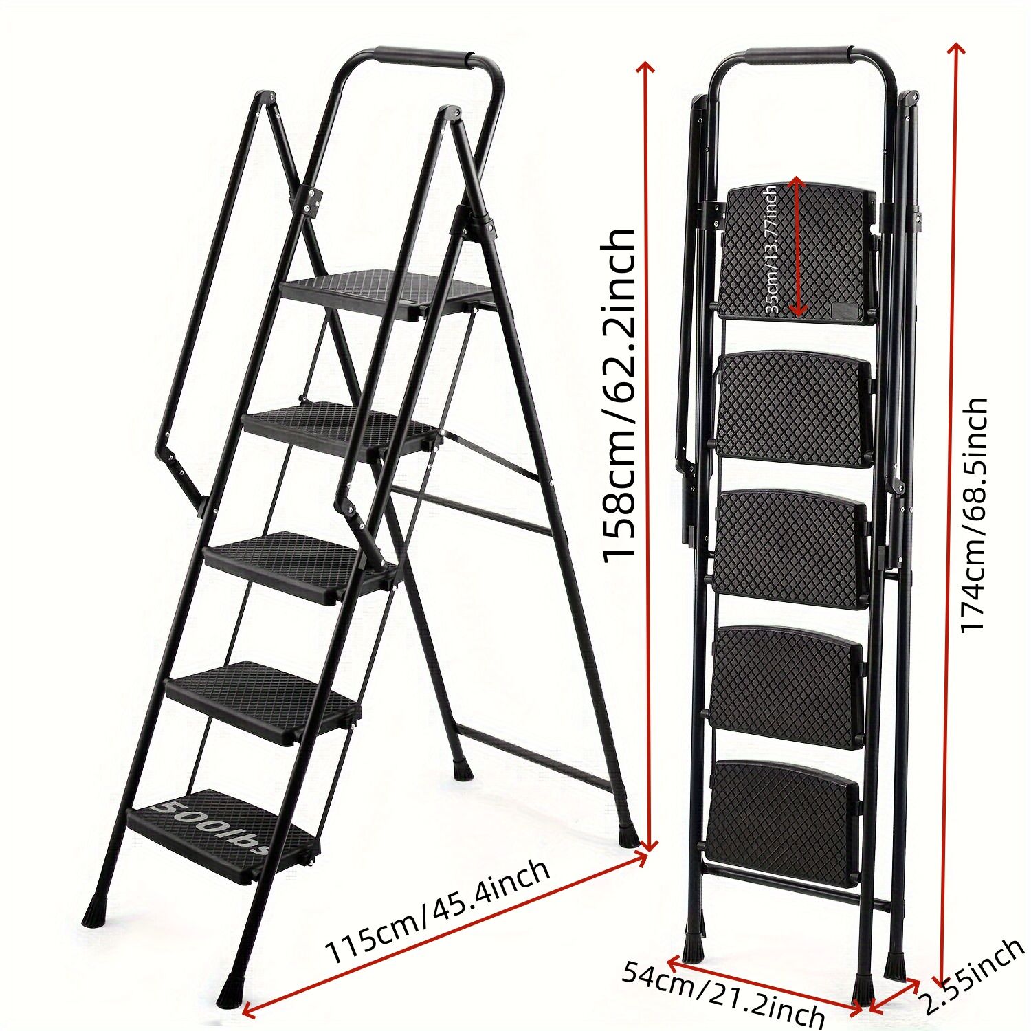 5-step ladder, folding ladder stool, with anti slip wide pedals, steel ladder, with safety anti slip handle, lightweight 300 pound portable steel ladder stool in black