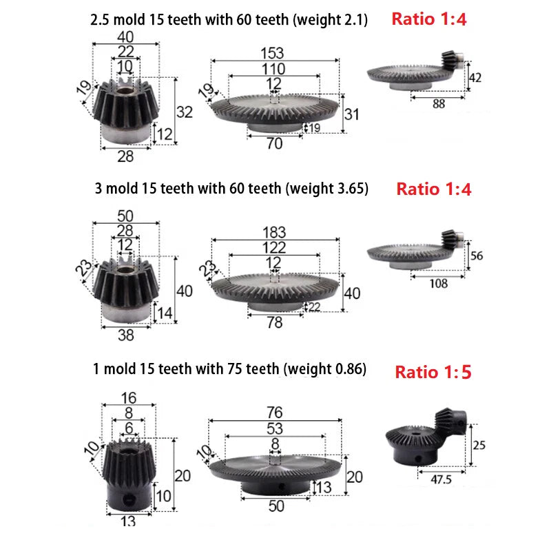 0.8 - 2.5 Mod Pair Bevel Gear 15-160 Teeth Transmission Gears C45 Steel 1:3-1:8