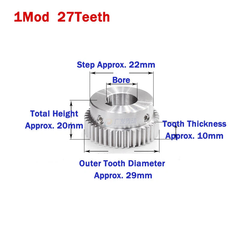 1 Module Stainless Steel Spur Gears 20-50 Teeth Pinion Motor Gear Keyway Hole